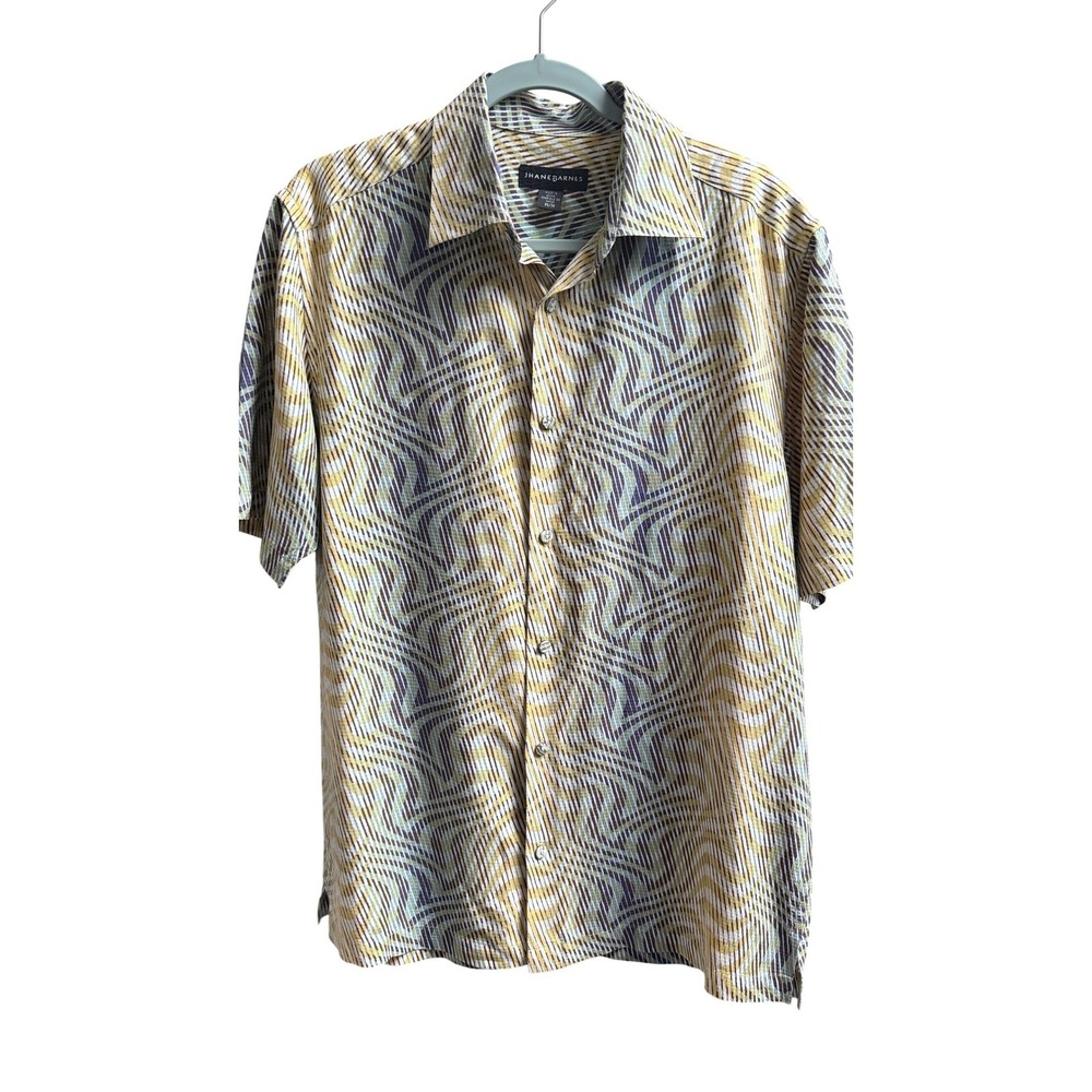 Jhane Barnes Silk Linen Geometric Wave Button Down Shirt Medium Yellow Blue